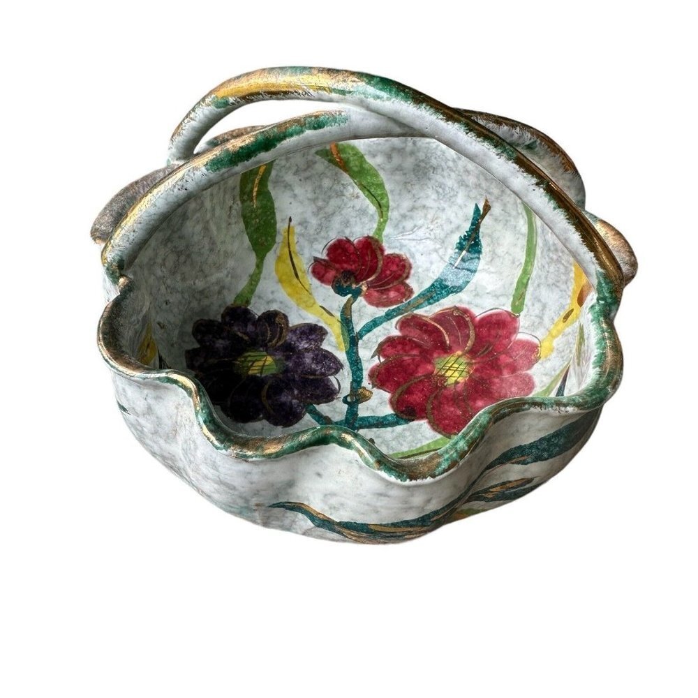 VTG Italian PD Ware Ceramic Bowl Basket 5.75 Inch Pottery Double Handle Floral